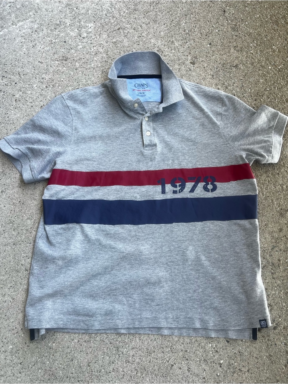 Chaps Gray Polo with Red and Navy Stripes